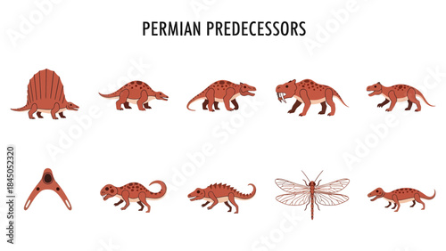 Illustrations of ten Permian period life forms including reptiles and an insect