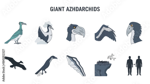 Illustrations of various anatomical parts and life elements of giant azhdarchids