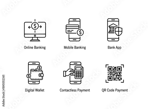 Online Banking Mobile Banking Bank App Digital Wallet Contactless Payment QR Code Minimal Bold Line Icon Set