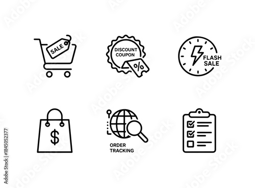 Online Store Sale Tag Discount Coupon Flash Sale Shopping Bag Order Tracking Minimal Bold Line Icon Set