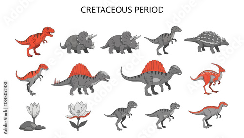Illustrations of various dinosaurs and flowering plants from the Cretaceous Period