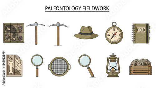 Paleontology fieldwork tools and finds displayed in two rows