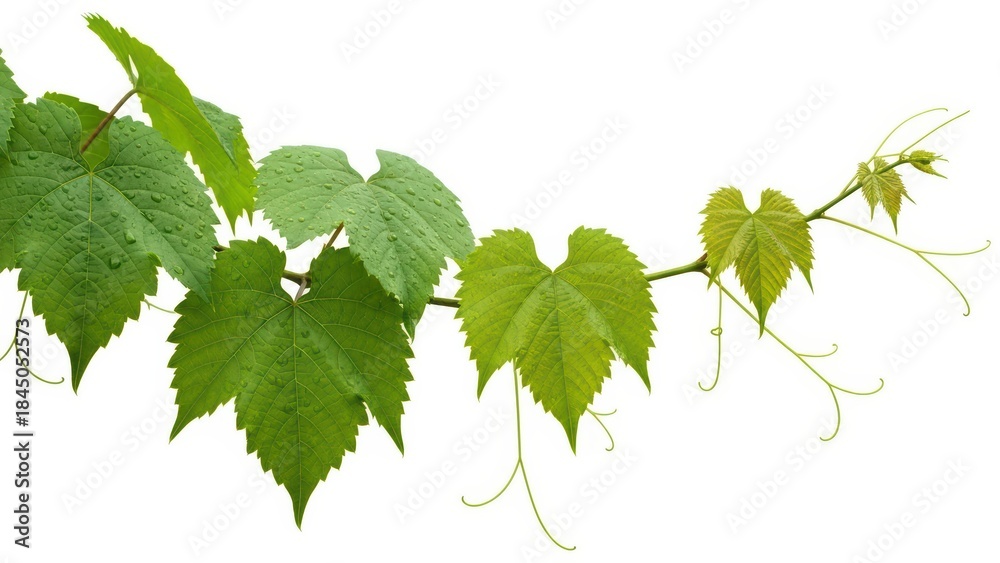 Naklejka premium Grape Vine on White, Grape Leaves, Green Nature Background, Isolated