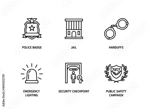 Police Badge Jail Handcuffs Emergency Lighting Security Checkpoint Public Safety Minimal Bold Line Icon Set