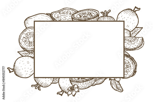 Guava fruits with leaves frame. Guava food background template with empty space. Sketch of tropical fruit in engraving linear style.