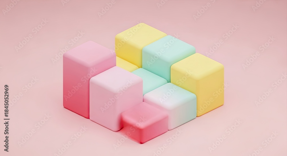 Obraz premium Colorful Three Dimensional Blocks Stacked in a Pyramid Shape on a Bright Pink Background