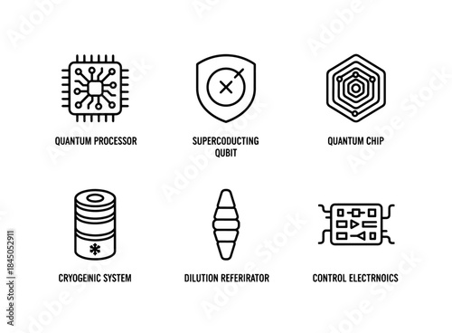 Quantum Processor Superconducting Qubit Quantum Chip Cryogenic System Dilution Refrigerator Minimal Bold Line Icon Set