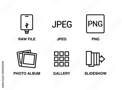 RAW File JPEG PNG Photo Album Gallery Slideshow Minimal Bold Line Icon Set Arranged