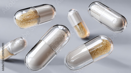Collagen and supplement concept ,Transparent capsules with reflective surfaces float against soft background, showcasing premium, supple