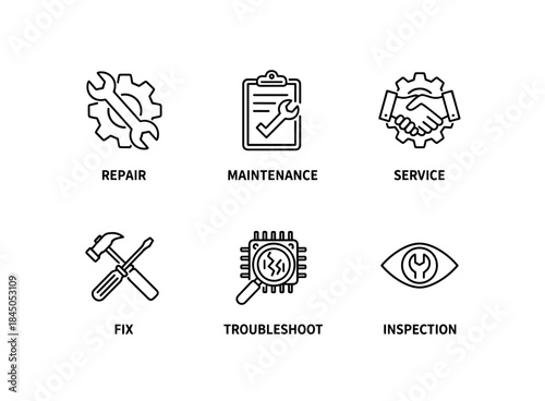 Repair Maintenance Service Fix Troubleshoot Inspection Minimal Bold Line Icon Set