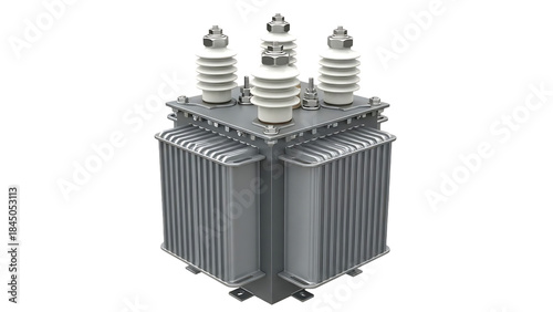 Three phase oil immersed power distribution transformer with bushings for electrical substation equipment isolated on transparent background