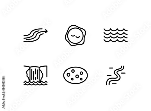 River Lake Ocean Waterfall Pond Stream Minimal Bold Line Icon Set Arranged