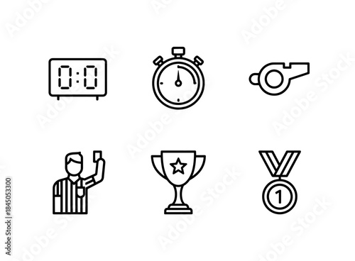 Scoreboard Stopwatch Whistle Referee Trophy Medal Minimal Bold Line Icon Set