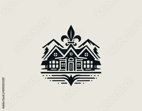 Elegant fleur de lis symbolizes luxury real estate stability in modern black vector logo illustration