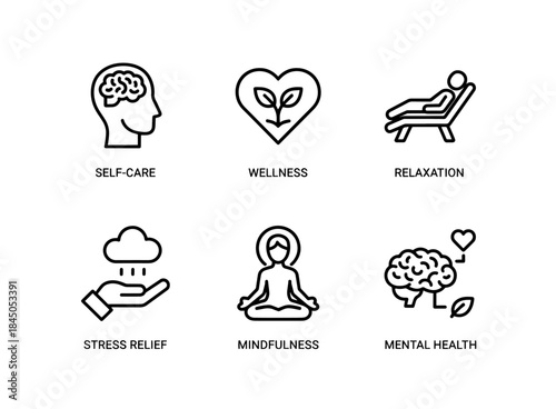 Self Care Wellness Relaxation Stress Relief Mindfulness Mental Health Minimal Bold Line Icon Set