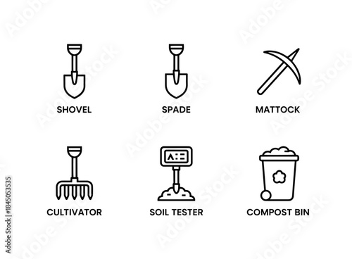 Shovel Spade Mattock Cultivator Soil Tester Compost Bin Minimal Bold Line Icon Set