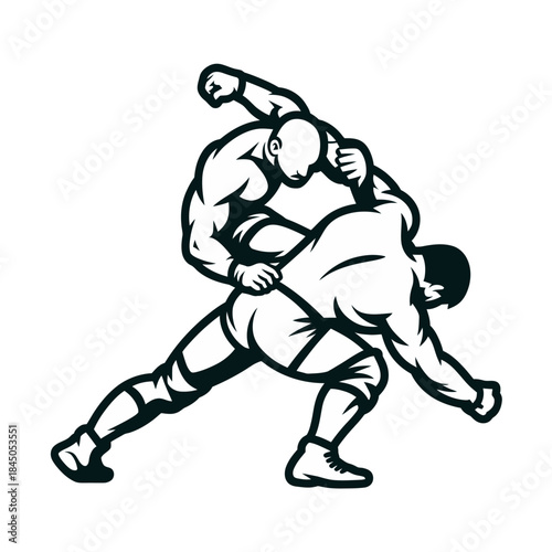 Dynamic vector illustration of two wrestlers engaged in a grapple hold match, suitable for sports posters, tshirts, and promotional materials.