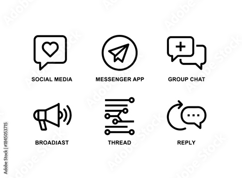 Social Media Messenger App Group Chat Broadcast Thread Reply Minimal Bold Line Icon Set
