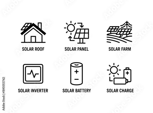 Solar Panel Solar Roof Solar Farm Solar Inverter Solar Battery Solar Charge Minimal Bold Line Icon Set