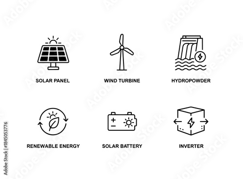 Solar Panel Wind Turbine Hydropower Renewable Energy Solar Battery Inverter Minimal Bold Line Icon Set