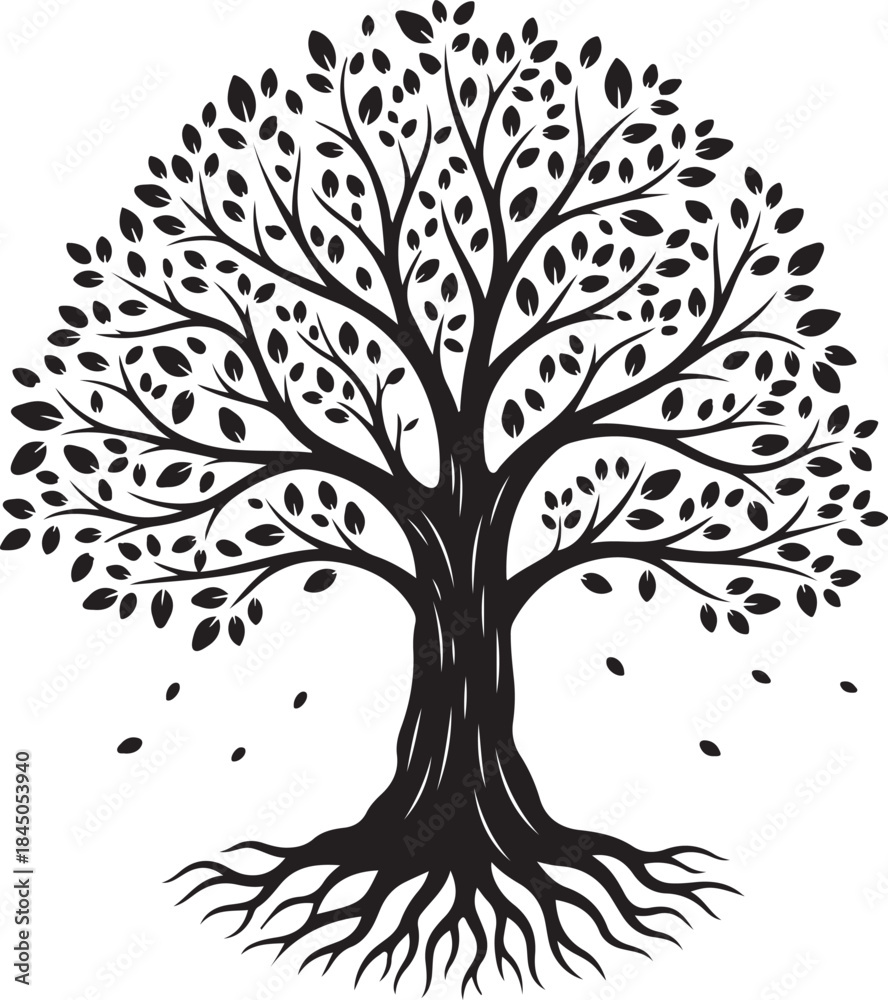Fototapeta premium Illustration of black tree silhouette with leaves and roots on colored background