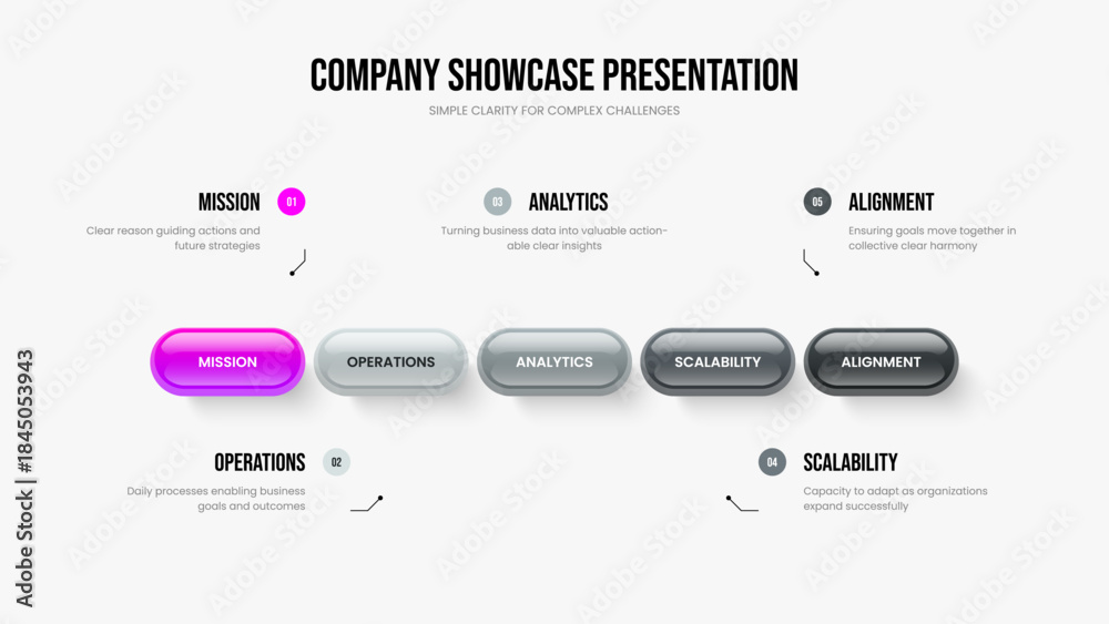 Fototapeta premium Product Review Five Step Diagram Presentation Layout. Financial Proposal Frame Design Vector Illustration. Creative Solution 5 Option Infographic Slideshow Template.