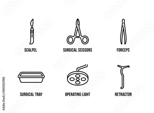 Surgical Tools Scalpel Surgical Scissors Forceps Surgical Tray Operating Light Minimal Bold Line Icon Set