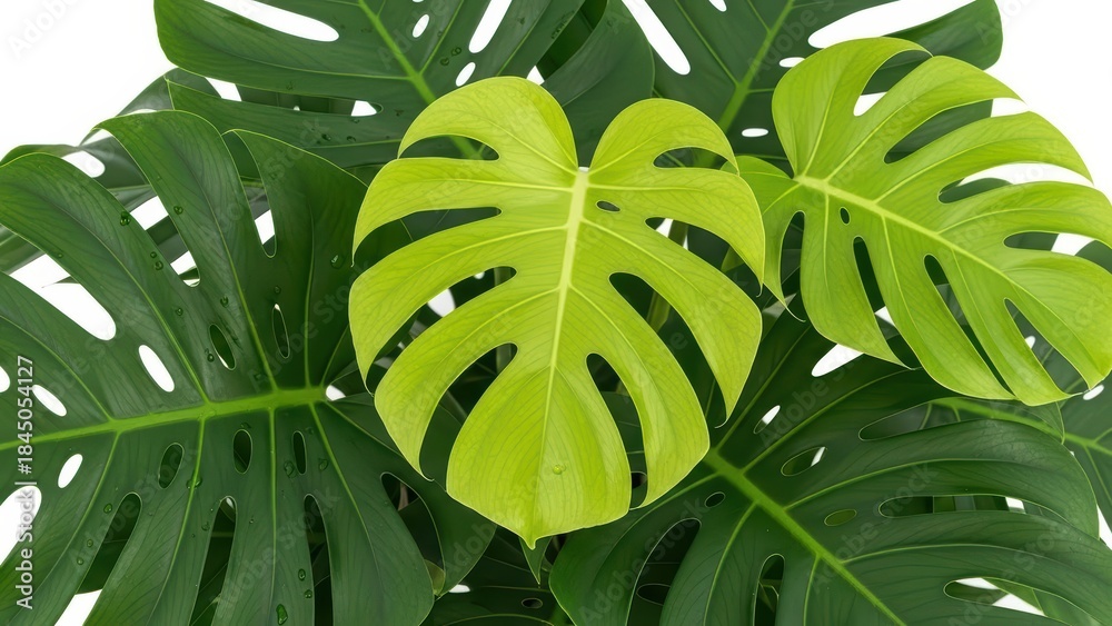 Obraz premium Monstera Deliciosa Leaves, Green Tropical Plant, Swiss Cheese Plant, White Background.