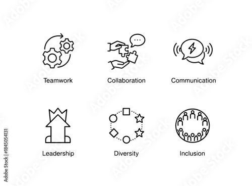 Teamwork Collaboration Communication Leadership Diversity Inclusion Minimal Bold Icon Set