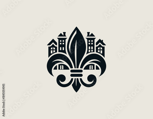 Elegant fleur de lis symbolizes luxury real estate stability in modern black vector logo illustration