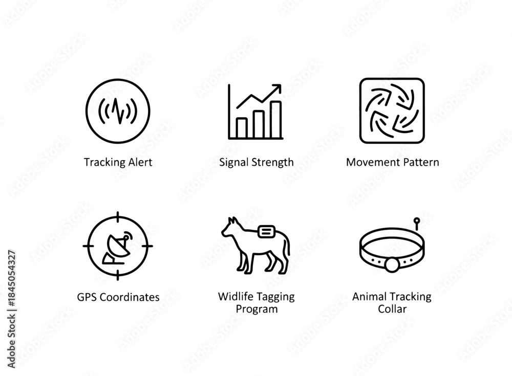 Obraz premium Tracking Alert Signal Strength Movement Pattern GPS Coordinates Wildlife Tagging Icon Set