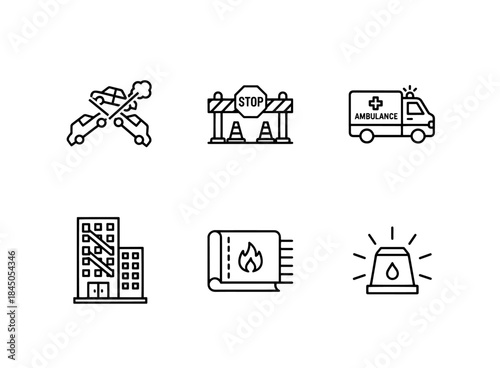 Traffic Accident Roadblock Ambulance Sign Fire Escape Fire Blanket Emergency Light Icon Set