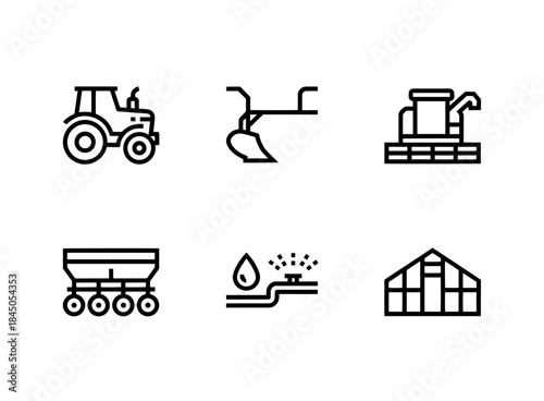 Tractor Plow Harvester Seed Drill Irrigation System Greenhouse Minimal Bold Line Icon Set