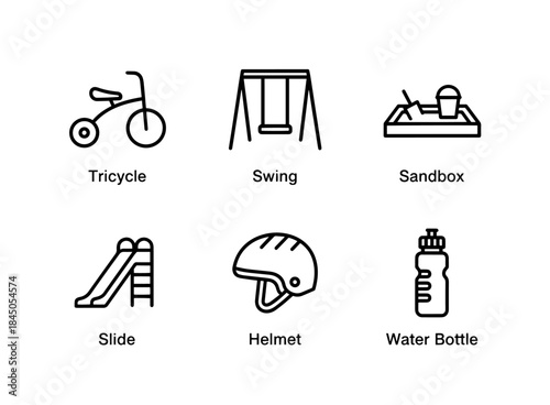 Tricycle Swing Sandbox Slide Helmet Water Bottle Minimal Bold Line Icon Set