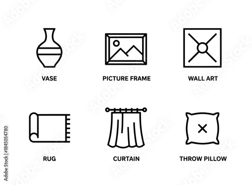 Vase Picture Frame Wall Art Rug Curtain Throw Pillow Minimal Bold Line Icon Set