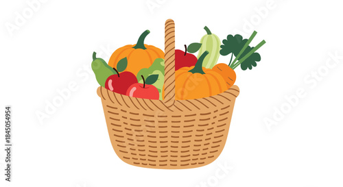 Wicker basket filled with a bountiful harvest of fresh autumn fruits and vegetables like pumpkins, apples, and carrots. Healthy eating and Thanksgiving vector illustration.
