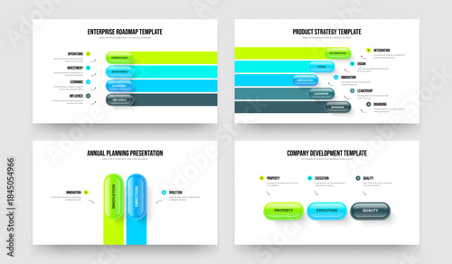Product Development Four Five Two Three Step Infographic Slide Design Vector Illustration Set. Company Review 4 5 2 3 Element Diagram Slideshow Layout Collection.