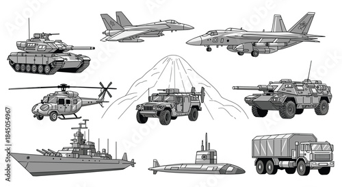Collection of military vehicles and weapons in a black and white sketch style, including a tank, fighter jet, helicopter, and warship. Armed forces and defense vector set.