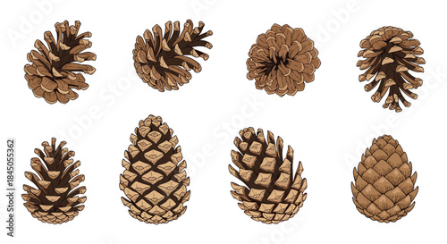 Collection of eight detailed, hand-drawn pine cones from various angles, illustrated in a rustic color style on a white background.