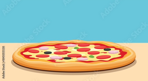 Delicious whole pizza with pepperoni, ham, and vegetable toppings sitting on a table, shown in a flat vector illustration style.