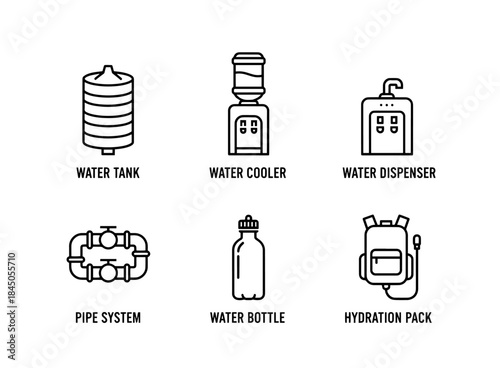 Water Tank Water Cooler Water Dispenser Pipe System Water Bottle Hydration Pack Icon Set