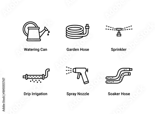 Watering Can Garden Hose Sprinkler Drip Irrigation Spray Nozzle Soaker Hose Minimal Icon Set