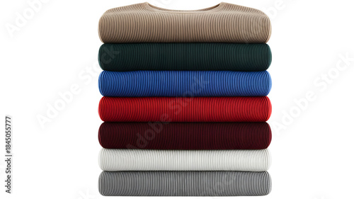 A neat stack of colorful ribbed folded sweaters of different colors clothing apparel
