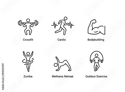 Wellness Retreat Outdoor Exercise Crossfit Cardio Bodybuilding Zumba Minimal Bold Icon Set