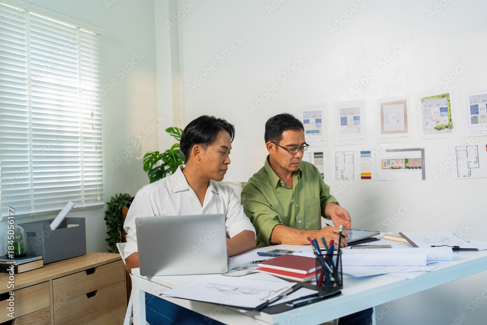 Obraz premium Architect Engineer Design Working on Blueprint Planning Concept. Construction Concept