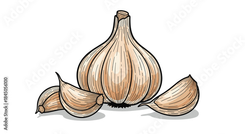 Hand-drawn illustration of a whole garlic bulb and three individual cloves in a detailed, vintage color engraving or woodcut style.
