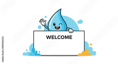 Cheerful water drop mascot winking and waving from behind a large sign with the word WELCOME, isolated on a white background.