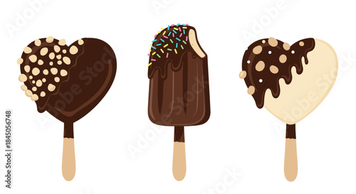 Set of three delicious chocolate-covered ice cream bars on sticks, including heart shapes with nuts and a classic with sprinkles.