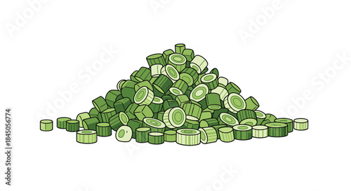 Large, detailed pile of freshly chopped green onion or scallion rings, illustrating texture and depth, isolated on a white background.