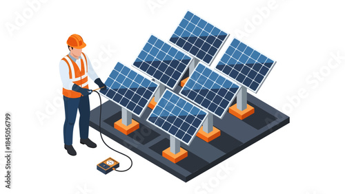 Dressed in protective safety gear, a technician carefully tests the connections of a six-panel solar array using a ground-placed multimeter in this detailed isometric illustration